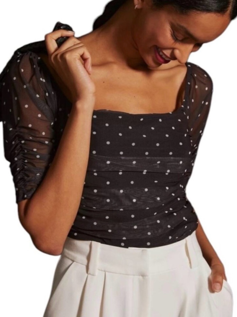 Anthropologie Black Polka Dot Square Neck Sheer Sleeve Top